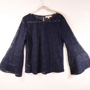 Loft Navy Blue Lace Bell Sleeve Top Size Medium